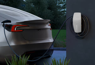 Tesla Wall Connector EV charger installed on a home garage wall